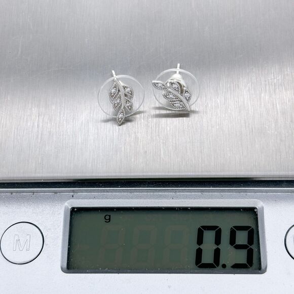 Vintage Sterling Silver 925 Cubic Zirconia Leaf Stud Earrings - Picture 5 of 5